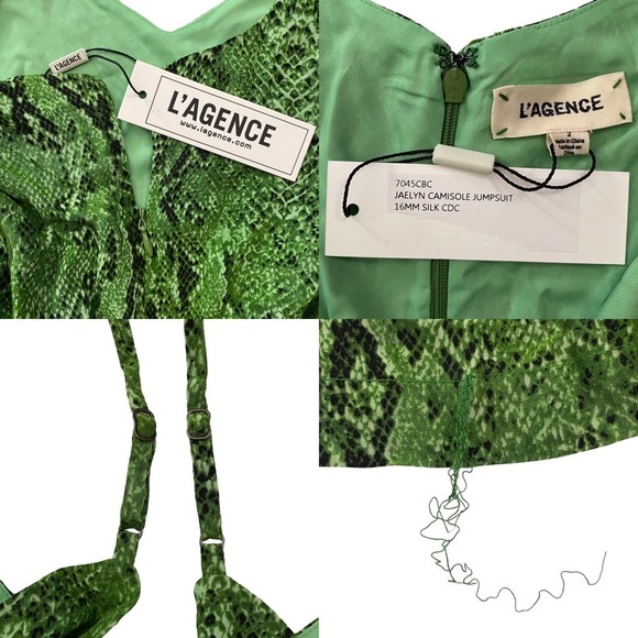 L'Agence Jaelyn Camisole Jumpsuit Silk Green Snakeskin Cropped Wide Leg 2 - Picture 2 of 15